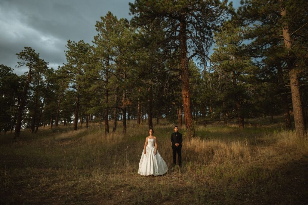 Bride and groom posing in forest at a micro wedding venue in Colorado