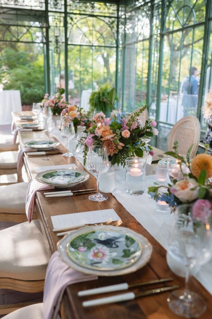 Flowers on a table at an intimate wedding venue reception